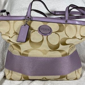 Coach canvas bag with lilac straps and accent stripe